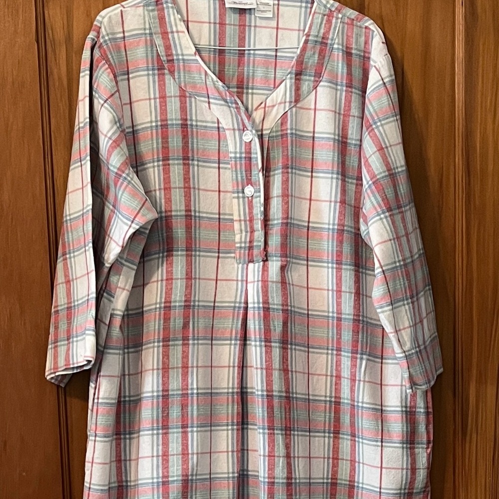 Vermont Country Store Flannel Plaid Button-Up Nightgown, Pastel Plaid, Large
